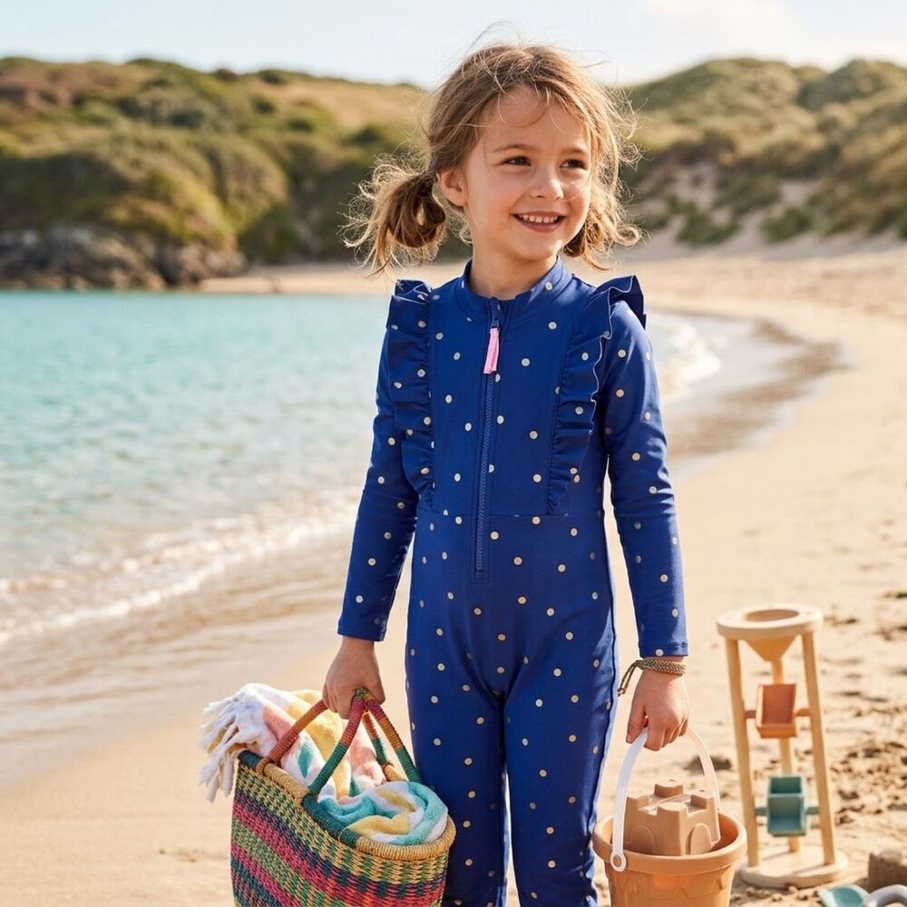 Mini Boden Blue Polka Dot Swim Rashguard One Piece  Girls SIze 5 - 6 Years